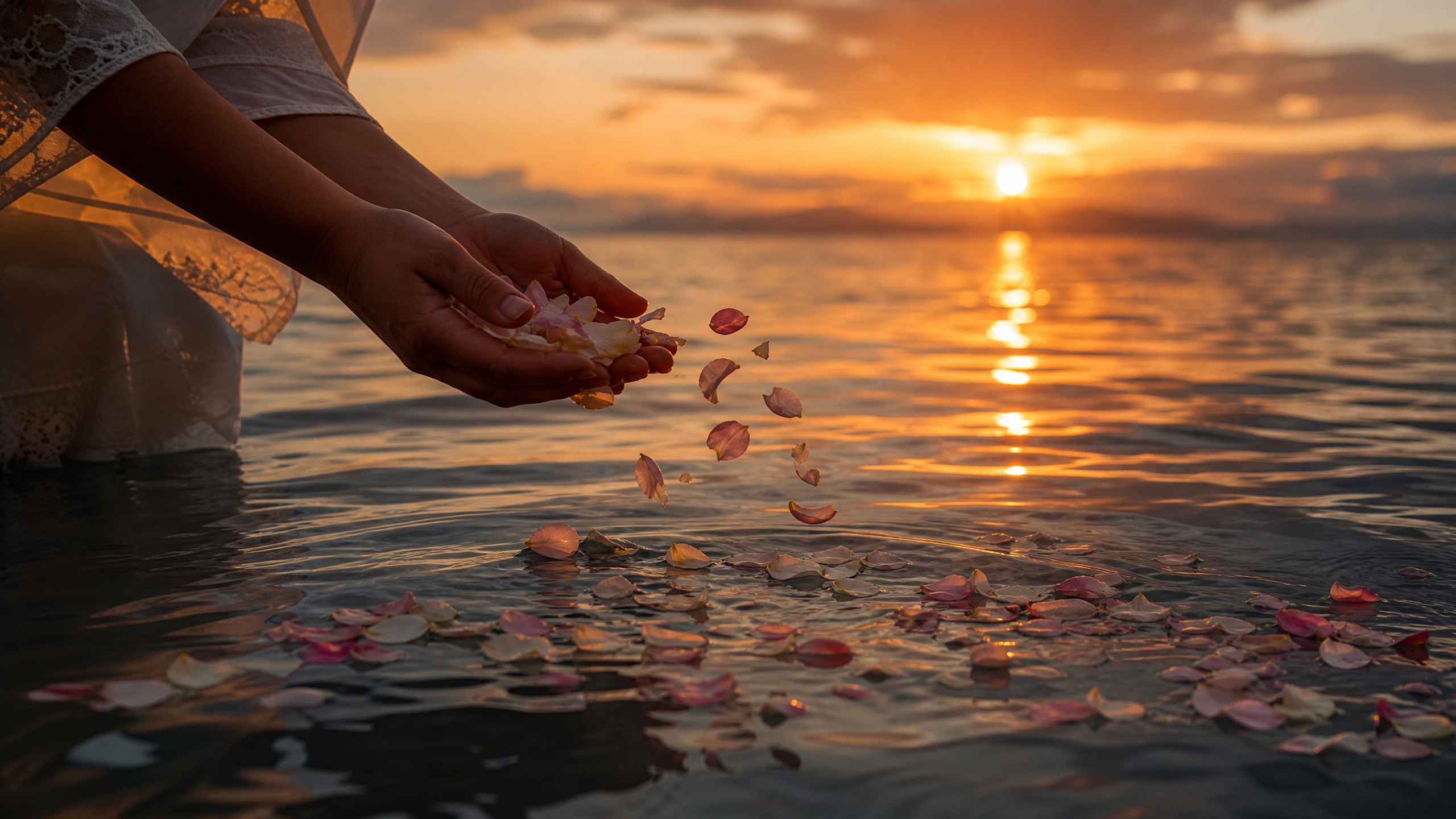 Hands releasing petals onto the ocean at sunset